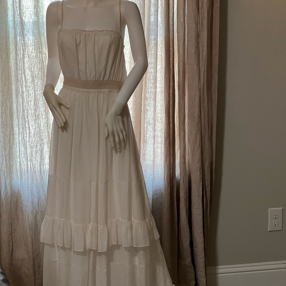 Robert Rodriguez sheer gauze lined maxi backyard wedding dress.
